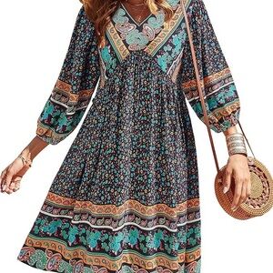 BTFBM Blue and Black V-Neck Sundress with 3/4 Sleeves - SIZE: XL